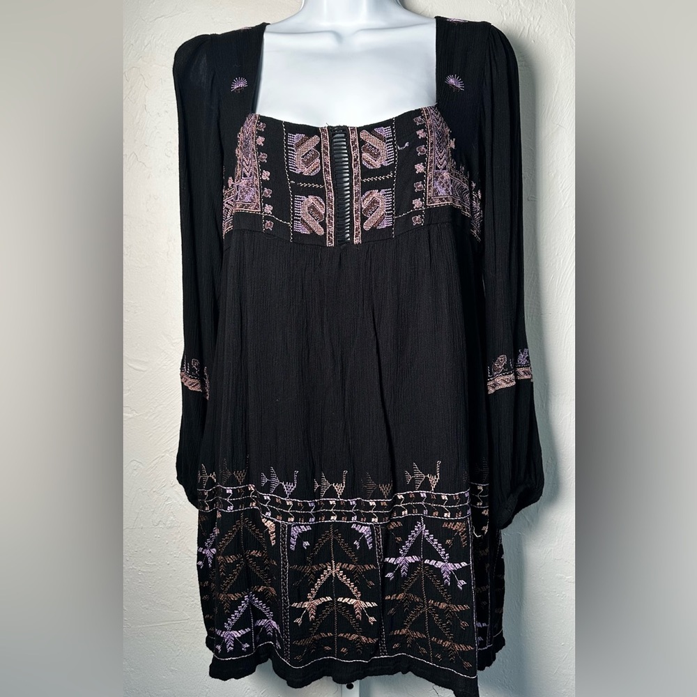 FREE PEOPLE • Black & Purple Embroidered Mini Dress